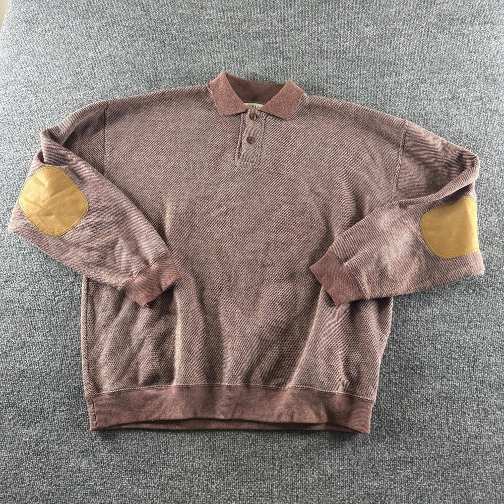 Orvis Sweater Mens XL Red Collared Knit Pullover Elbow Patch Button Front